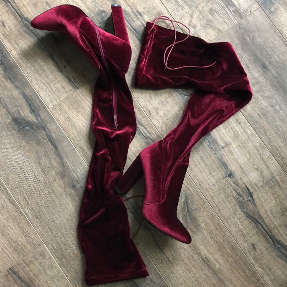Bordeaux Velvet Thigh High Boots